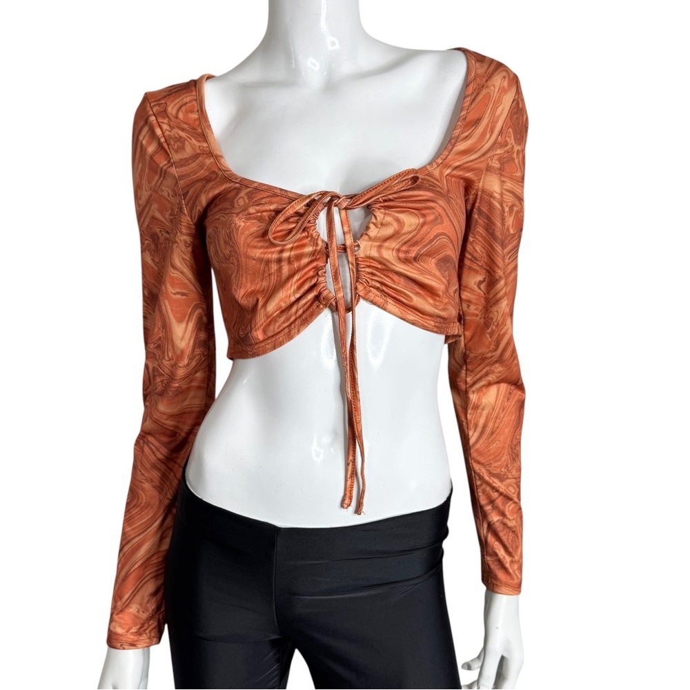🤑 5/$25 SHEIN Long Sleeve Rust Orange Geometric Print Twist Front Crop Top